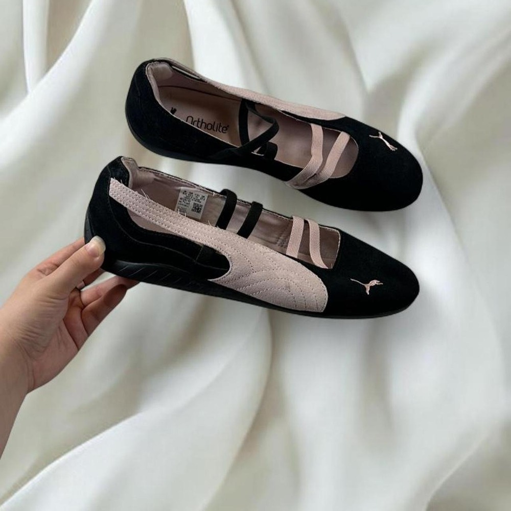 Puma speedcat ballet black pink suede sneakers elastic lace detai y2k mcbling